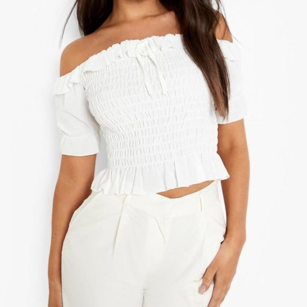 BOOHOO White Shirred Off Shoulder Puff Sleeve Top